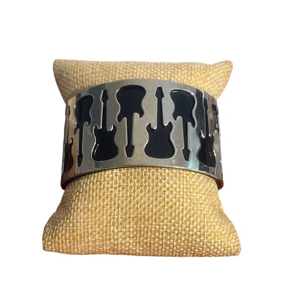 Silver Tone Black Acrylic Cuff Bracelet Cutout Guitar Rock & Roll Unisex 6" - Picture 1 of 5